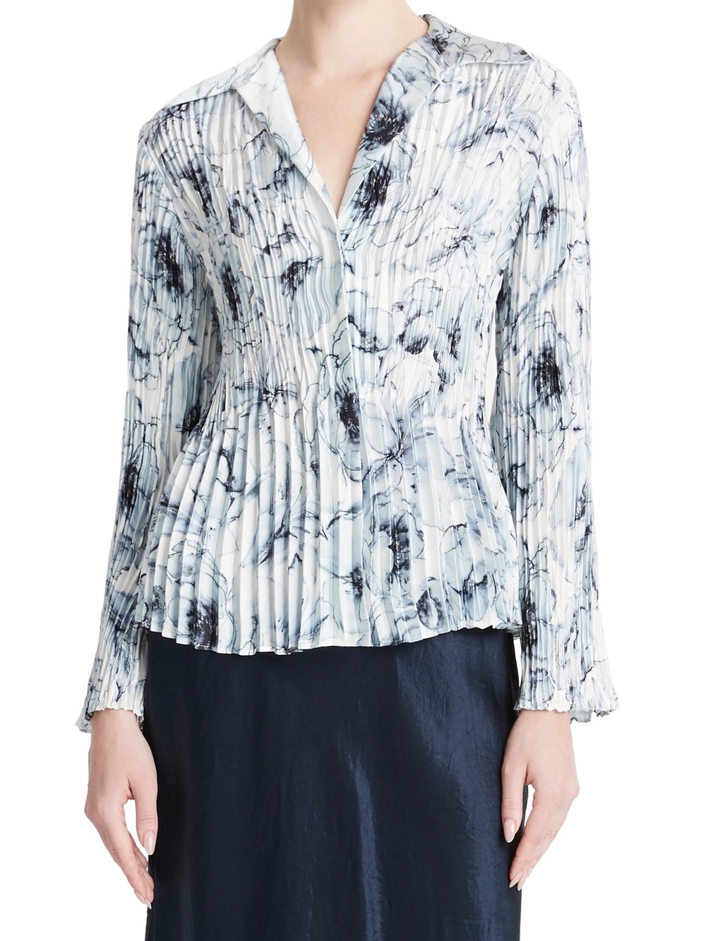 Vince Marble-Print Pleated V-Neck Blouse - White & Blue